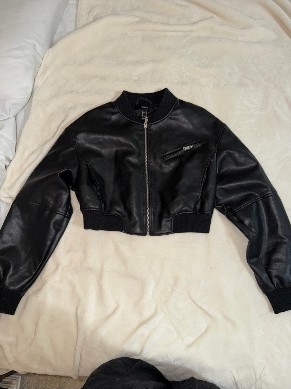 Forever 21 Black Cropped Faux Leather Bomber Jacket